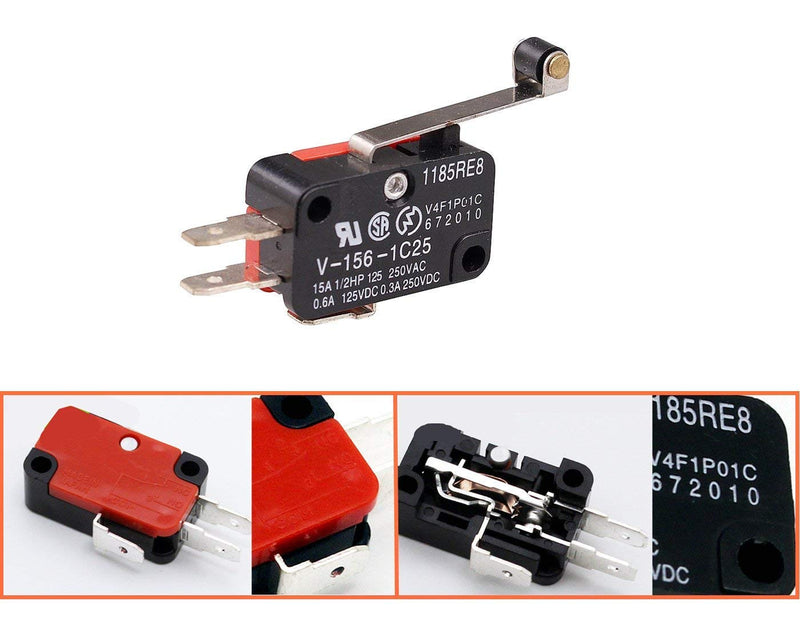 6Pcs V-156-1C25 Micro Limit Switch with Hinge Roller Momentary SPDT Snap Action for Arduino CYT1046