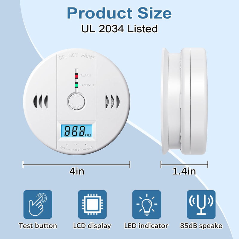 Carbon Monoxide Detectors Battery Powered, Carbon Monoxide Alarm with LED Digital Display, CO Alarm with Human Alarm Sounds and Test Button for Home Kitchen Restaurant Hotel Office(3 Pack) 3 Pack