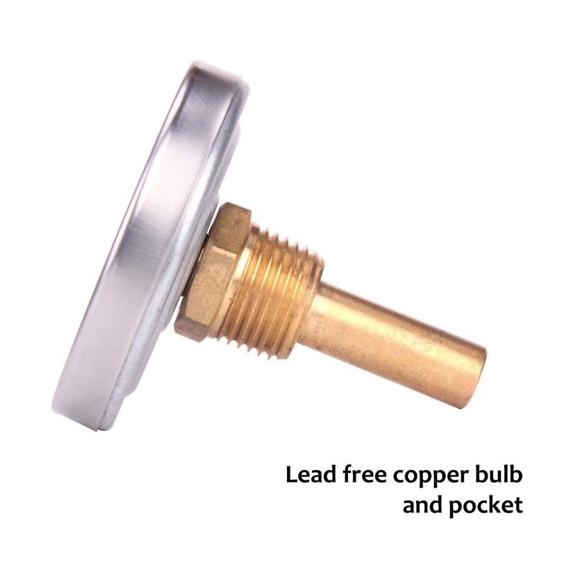 MEASUREMAN Hot Water Bi-Metal Thermometer, 2-1/2" Dial, 1-3/4" Lead-Free Brass Stem, Range 0-250 deg F/-20-120 deg C, 2% Accuracy, Adjustable, 1/2" NPT Back Mount 1-3/4" Stem