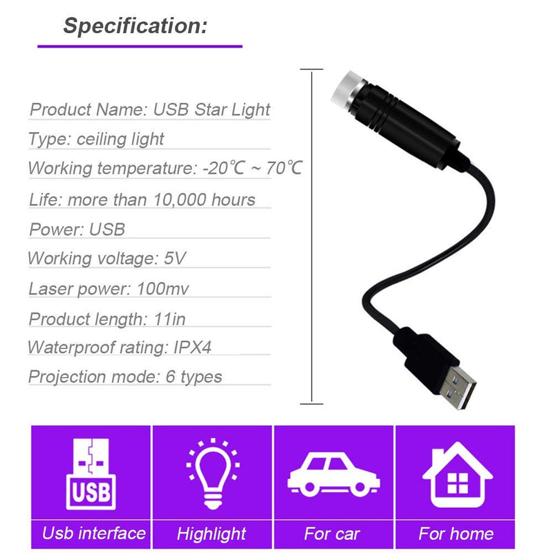 USB Star Projector Night Light, Adjustable Romantic red Interior Car Lights, Bending Freely Portable Auto Roof Lights Decoration for Ceiling, Bedroom, Party Red Light 1PC