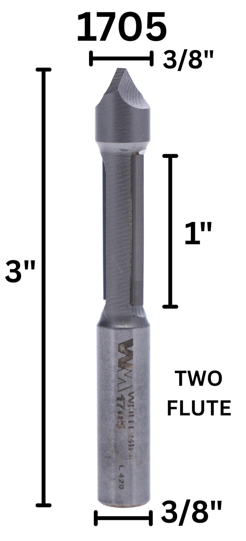 Whiteside 1705 Pilot Plunge Point Panel Router Bit: 3/8 Inch Cutting Diameter, 1 Inch Cutting Length, 3/8 Inch Shank, 3 Inch Overall Length