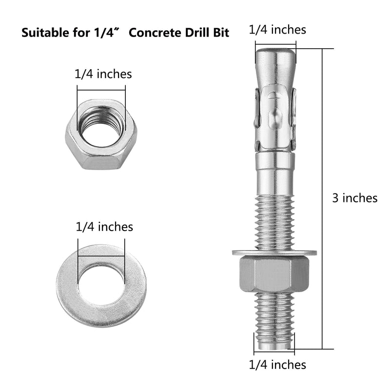 10Pcs 1/4x3" Inch Standard Fasteners for Heavy-Duty 304 Stainless Steel Wedge Anchors for Cement and Concrete 1/4x3" 10
