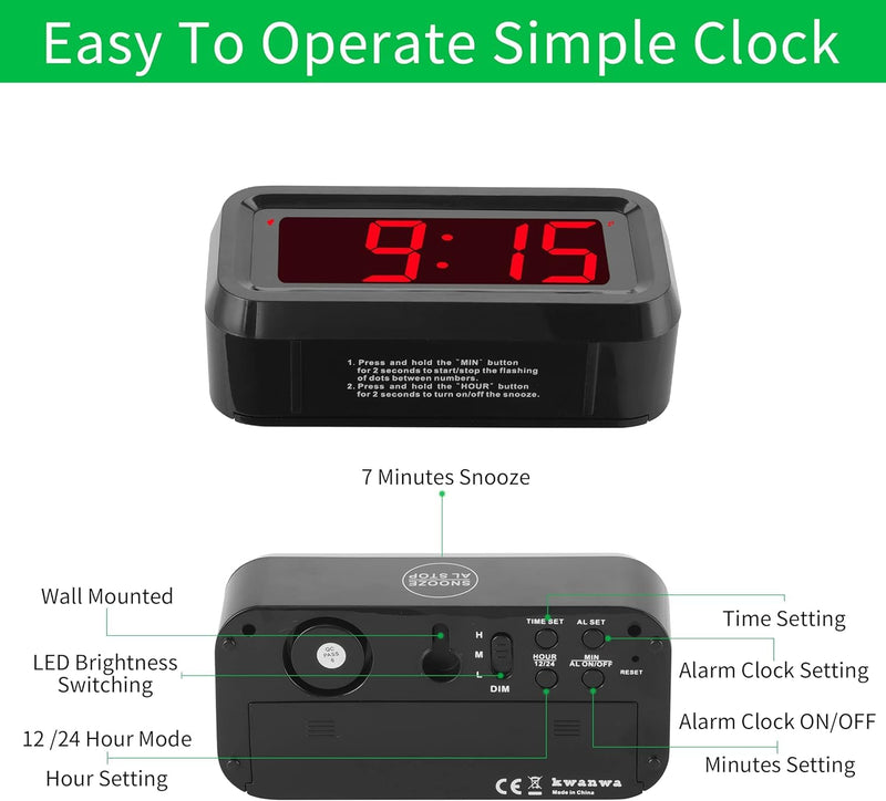 Alarm Clock, LED Digital Clock, Small Wall Clock, Battery Operated, Adjustable 3-Level Led Brightness, Dim Night Mode, 12/24Hr, Cordless, Constantly 1.2'' Digits Display for Bedroom/Travel,Easy to Set Black Case-red Led