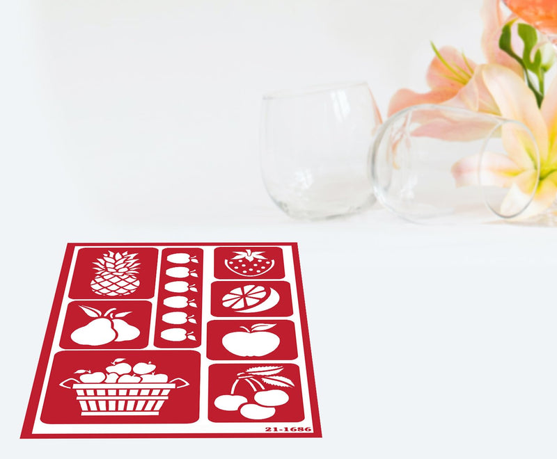 2 Reusable Glass Etching Stencils - Fruit and Alphabet Stencil - Letters and Food Theme Design Self Stick Etch Template - Set with Brush