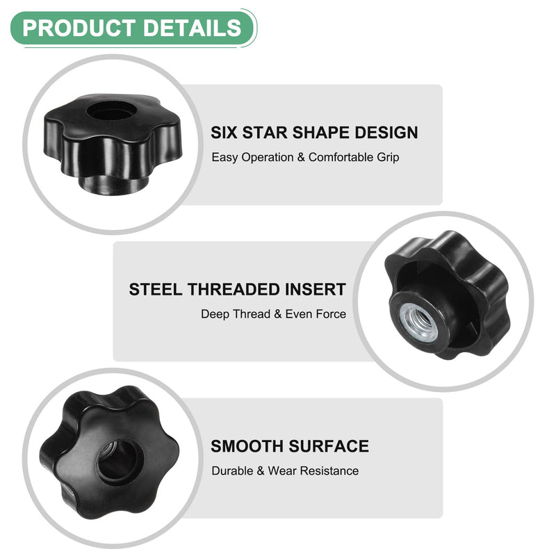 4-Pack 6 Star Knobs, M10 Female Thread 48mm Hexagon Head Through Hole Clamping Grip Handles for Machinery/Electronic/Woodworking, Steel Screw-On Threaded Knob [Black] 4