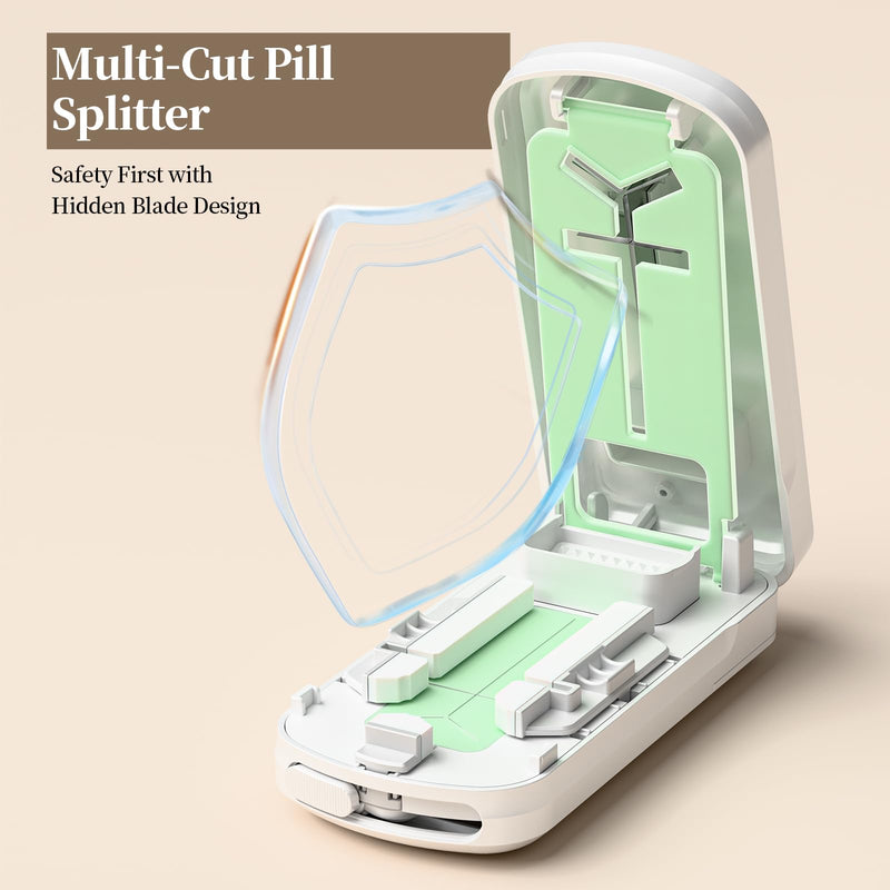 Daviky Pill Cutter Splitter for Small & Tiny Pills, Dual Safety Blades, Adjustable Centering Slot, Precise 1/2 1/3 1/4 Tablet Cutter, Built-in Storage, Portable & Senior-Friendly White
