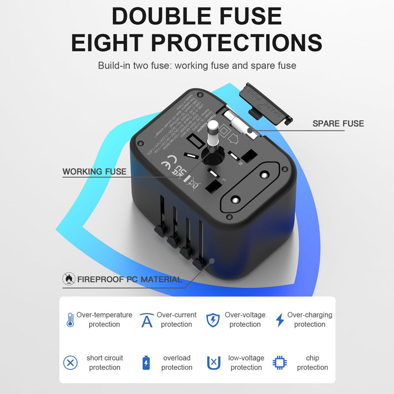 Universal Travel Adapter, PD20W International Power Adapter, 2 USB-C & 2 USB-A Fast Charging Travel Charger, All in One Worldwide Travel Plug Adapter, Outlet Adapter for Europe EU UK USA AU 2 USB A+2 USB C(PD20W) Black