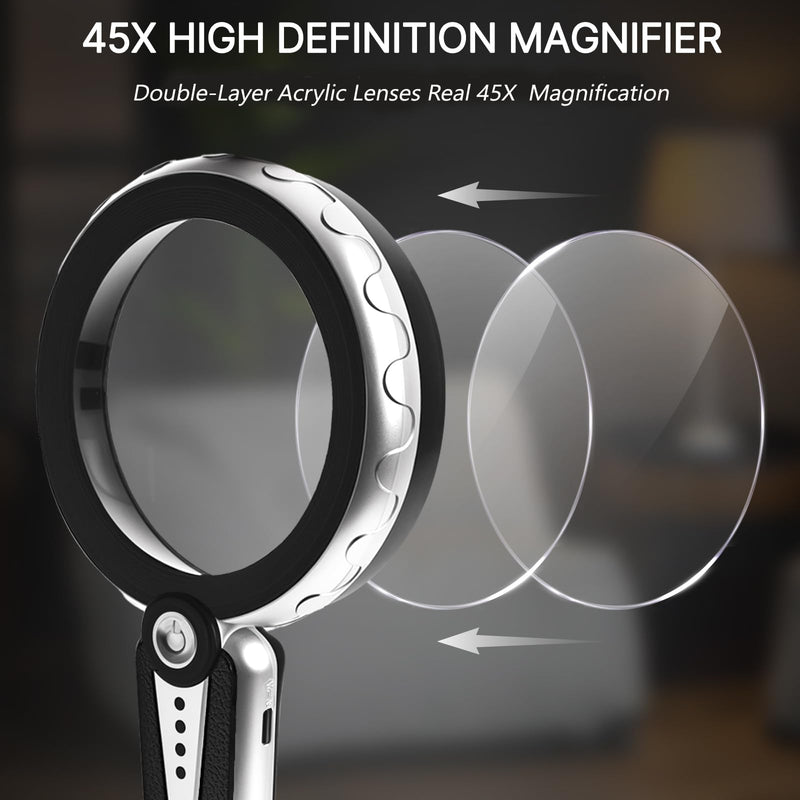 45X Magnifying Glass with Light, 4.6 Inch 1200mAh USB Rechargeable, 6 Lighted Modes, Large Handheld Magnifier for Low Vision Seniors with Macular Degeneration, Reading, Jewelry, Coins - Black