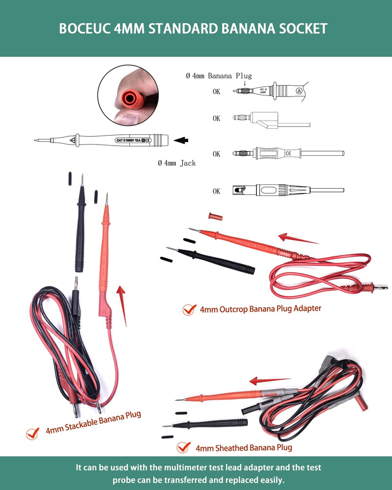 Multimeter Leads Kit with Heavy Duty Alligator Clips and Ultra-Sharp Test Probe Tips, CATIII 1000V/CATIV 600V, 10A Rated, for Electronics, Automotive, and Industrial Use