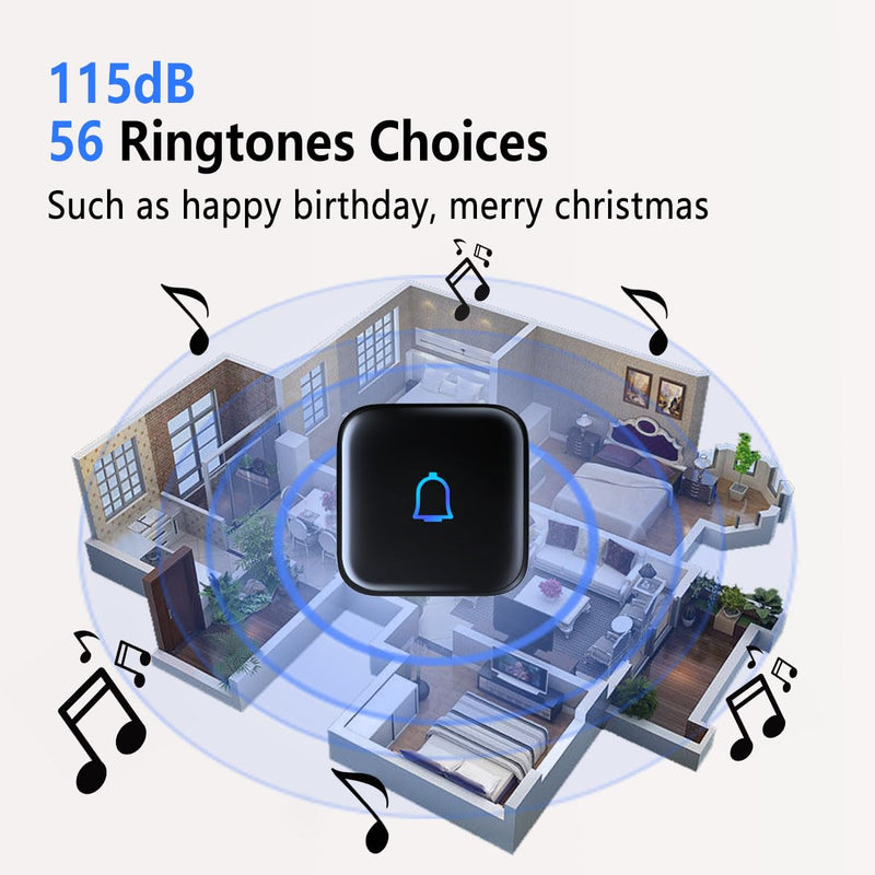 Doorbell Wireless Doorbell IP66 Waterproof 1000 Feet with 56 Chimes 115dB 7 volume levels Mute Mode & LED Flash Doorbell Ringer Wireless for Kids Room Teachers Classroom Home Office & Hearing-Impaired Mini Black