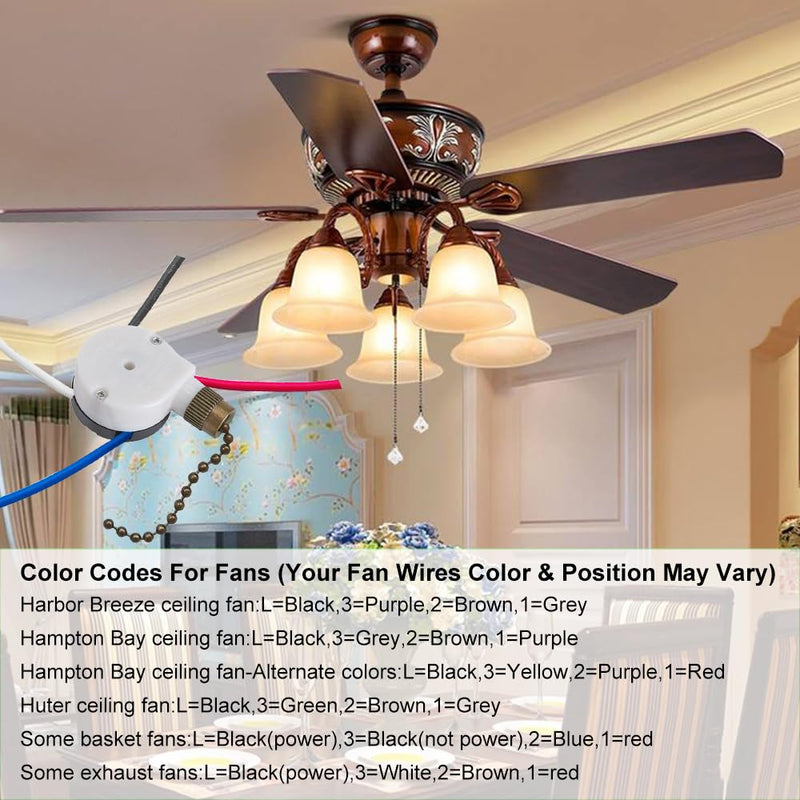 Ceiling Fan Switch Zing Ear ZE-208s E89885 with 4 Pre-Installed Wires 3 Speed 4 Wire Pull Chain Switch Fan Light Switch Replacement Part (Bronze Chain)