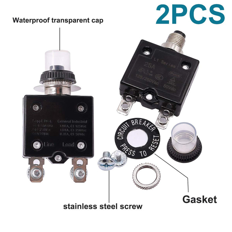 mxuteuk 2Pcs 20Amp Circuit Breakers Push Button Manual Reset 125/250V AC 50V DC, L1 Series Overload Protector Switch Thermal Circuit Breakers with Waterproof Button Caps L1-ls-20A 20A