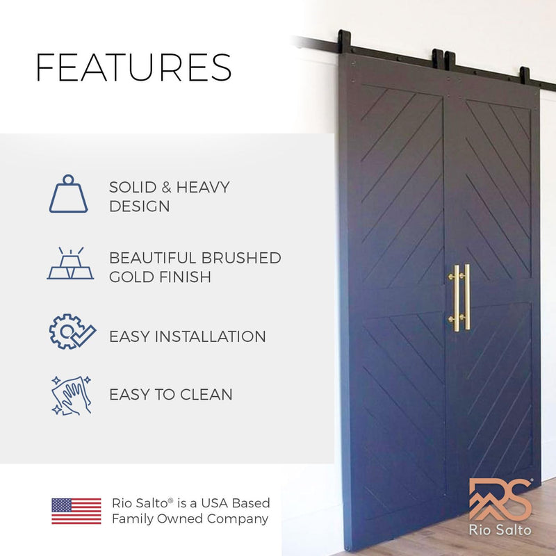 Rio Salto 12-Inch Gold Barn Door Handle Kit with Latch Lock Set Closet Brass Finish Pull Handle Flush Handles Hardware Large Sliding Door Handles 1-Door (Gold - 1Pack w/Lock)