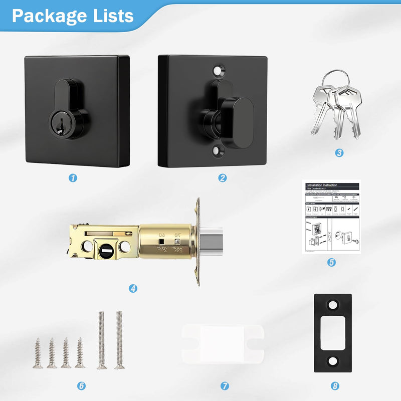 1 Pack Keyed Single Cylinder Deadbolts Matte Black, Keyed One Side Deadbolt Lock, Flat Black Interior & Exterior Door Hardware (for Entrance Lock and Front Gate) 1