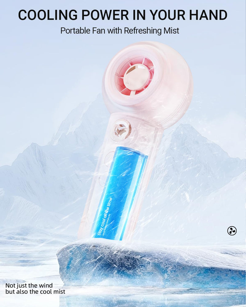 Tendiren Portable Handheld Misting Fan, Rechargeable Personal Mini Fan with Mist, 4 Speed Turbo Powerful Cooling Fans with Water Spray Tank for Travel, Home, Office, Outdoor, Camping, Beach (Pink) Pink