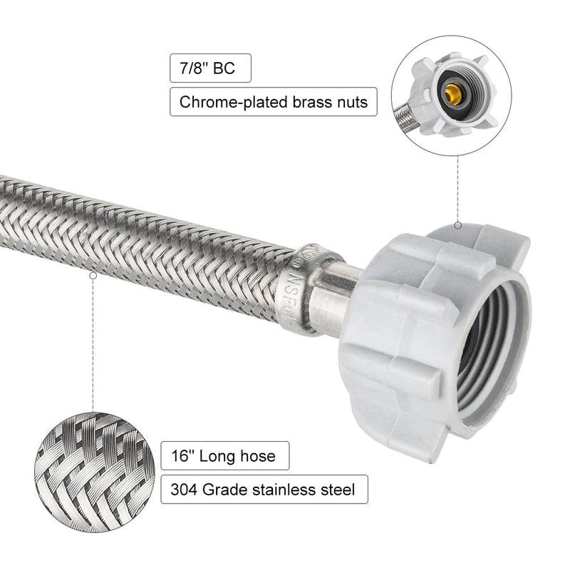 2-Pack EFIELD 16-inch Length Toilet Water Supply Connector Line, 7/8 Female Ballcock Thread x 3/8" COMP 16 Inch Pack of 2