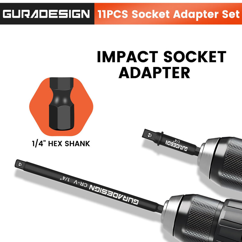 11-Piece Impact Socket Adapter Set for Drill, 3-Inch and 6-Inch Hex Shank Impact Driver Socket Adapter, Socket to Drill Adapter 1/4" 3/8" 1/2" Impact Driver Adapter
