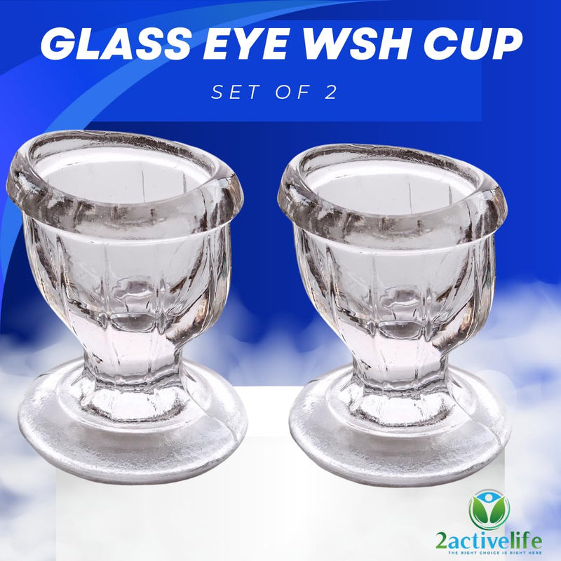 Glass Eye Wash Cups (Set of 2) with Storage Container | Eye Cleaner Solution for Tired Eyes, Eyestrain, Makeup, and Dust | Eye-Shaped Rim for Eye Rinse and Cleansing - Transparent