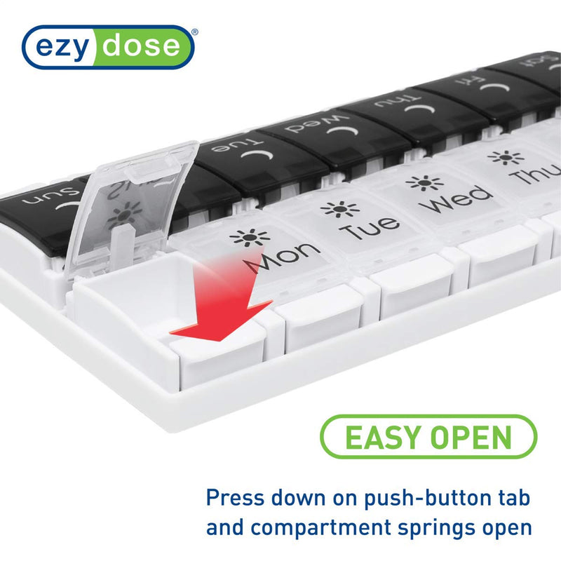 EZY DOSE Push Button (7-Day) Pill Case, Medicine Planner, Vitamin Organizer, 2 Times a Day AM/PM, Removable Trays, Large Compartments, Arthritis Friendly, Spring Open Black and White Lids, BPA Free Black/White (2x a Day) 1 Count (Pack of 1)
