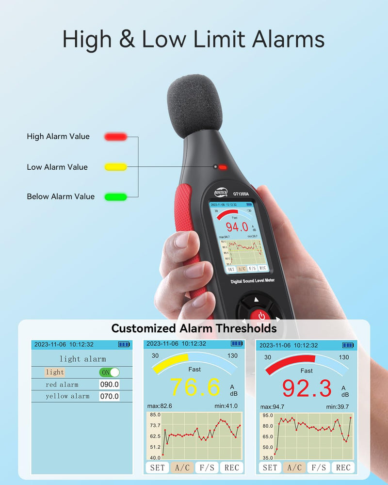 Decibel Meter, Sound & Noise Decibel Level Reader Monitor, SPL Meter 30dB to 130dB(A) with Record, Visual Alarm, A/C Weighted, Rechargeable for Home, Classroom GT1355A