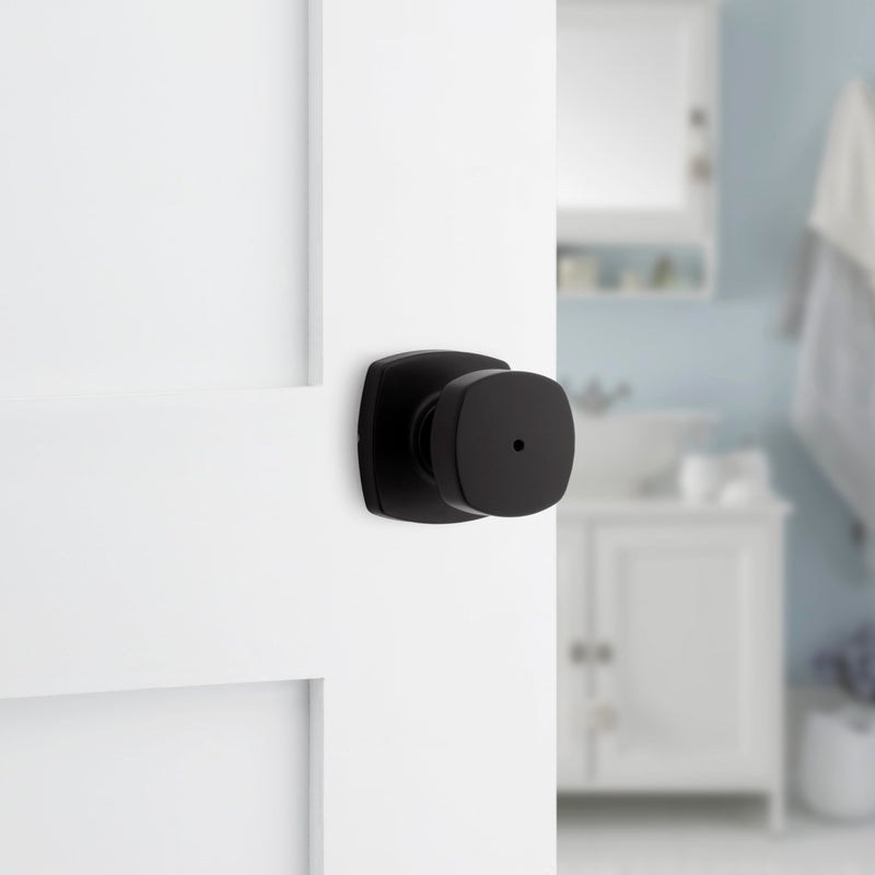 Kwikset Arroyo Interior Privacy Door Knob, Matte Black Modern Bedroom and Bathroom Door Handle with Lock, Contemporary Keyless Push-Button Locking Doorknob