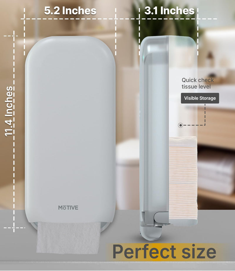 MOTIVE Shabbos Toilet Paper Dispenser, Holds up to 600 Sheets, Pre Cut Shabbos Tissue Dispenser with Lock Key, Adhesive or Drilling Compact Wall Mount, Easy Installation for Bathroom (White)