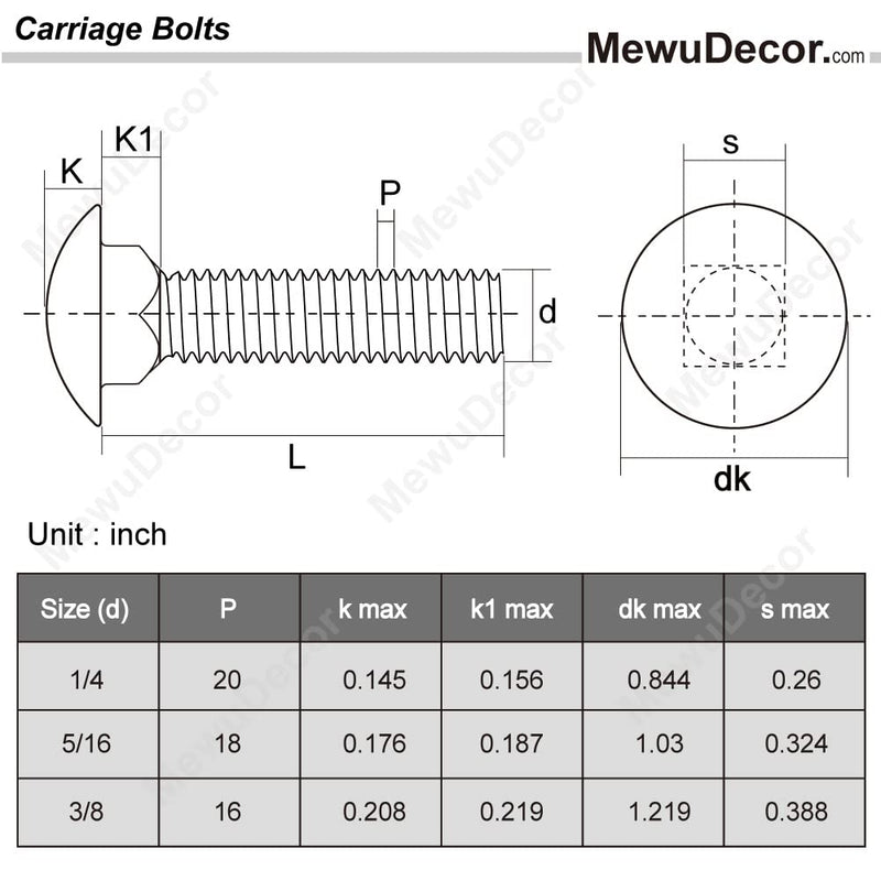 5/16-18 x 1-1/2" Carriage Bolts, Stainless Steel 18-8 (304), Round Head, Square Neck, Fully Threaded, 20 PCS 5/16-18 x 1-1/2"