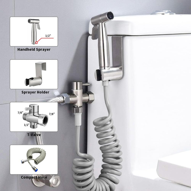 Handheld Bidet Sprayer for Toilet Kit,Stainless Steel Muslim Shower Toilet Bidet Faucets Attachment Set with T-Valve,Adjustable Water Pressure,Toilet Hose Sprayer,Cloth Diaper Spraye for Baby Wash Silver set