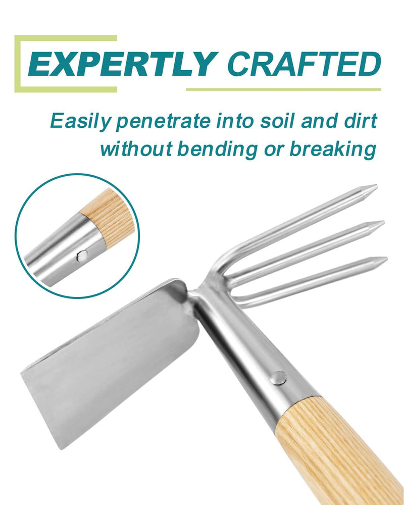 Hoe and Cultivator Garden Rake Hand Tiller Tool Wood Handle Double Sided Cultivator Versatile Tool for Digging,Loosening Soil,Weeding,Breaking Up Soil,Cultivating,Preparing Seedbeds Combination Garden