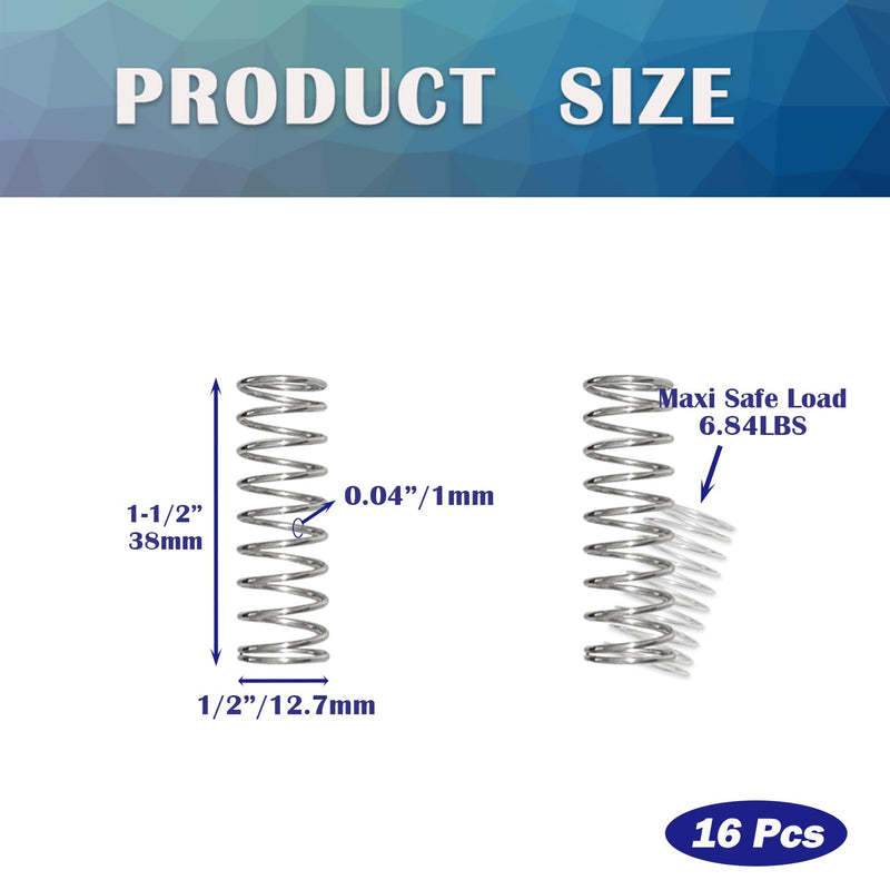 16PCS SP9706 Small Compression Spring 1/2 Inch x 1-1/2 Inch Stainless Steel Mechanical Springs for Replacement HE033