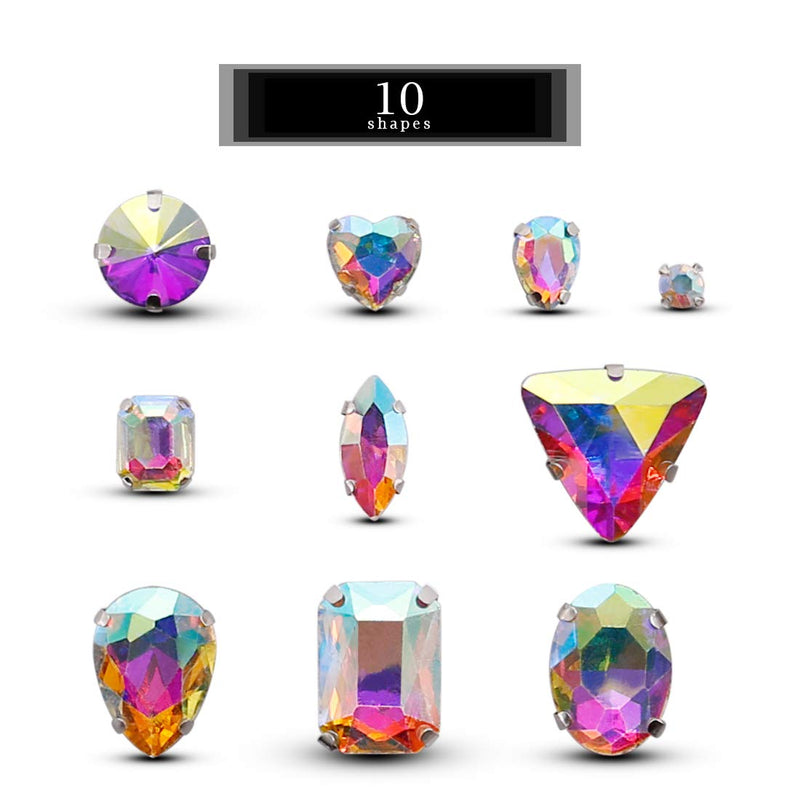 TANOSII Sew on Rhinestones 100 PCS Mixed Shapes Glass Rhinestones Sew on Crystal Gems Mental Flatback with Silver Claw for Jewelry Crafts Clothes Shoes Costume Garment AB White