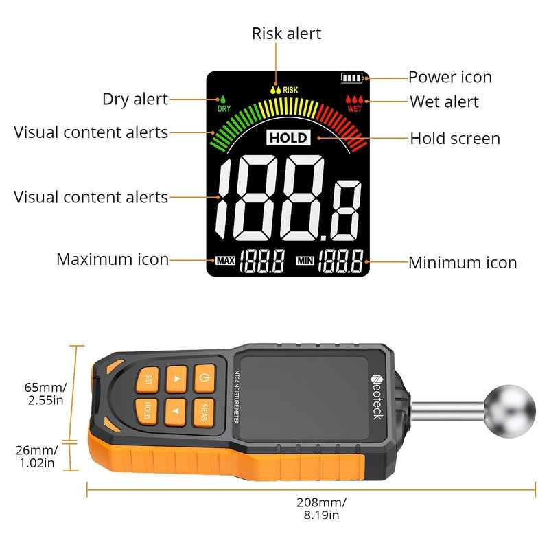 Neoteck Spherical Inductive Moisture Meter 5-40mm Analysis Depth Pinless Moisture Meter with 3-Color LCD Indicator,USB Rechargeable Wood Meter Light and Buzzer Alarm for Wall,Wood,Masonry,Concrete