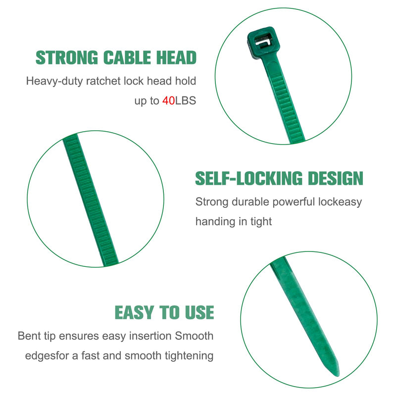 200PCS Nylon Zip Ties - 8 Inch Green,Multi-Purpose Self Locking Cable Ties， Ultra Strong Plastic Wire Ties with 40 Pounds Tensile Strength