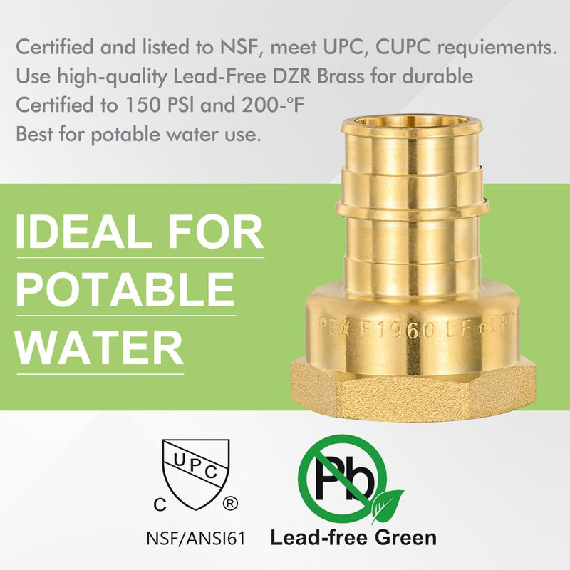 10 Pack Brass Expansion Female Adapter Fittings, 3/4 Inch Female NPT to 3/4 Inch PEX-A Brass Expansion PEX-A Fittings,NSF/ANSI 61 NSF 372 Certificate, ASTM F1960 Certified 3/4"Pex-A x 3/4"FIP-10Pack