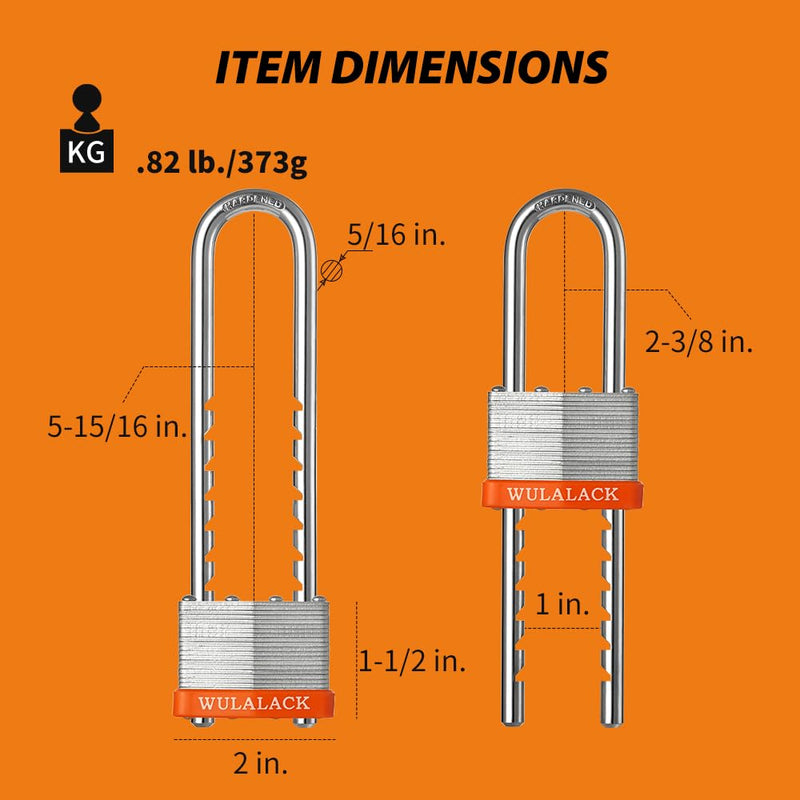 Padlock with Key, WULALACK 2 inch Wide Heavy Duty Laminated Steel Keyed Padlock with Adjustable Shackle, Long Shackle Pad Lock with 2 Keys 1
