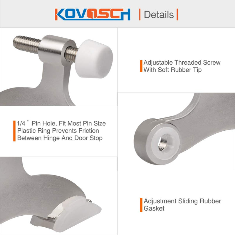 6 Pack Hinge Pin Door Stopper Brushed Satin Nickel - Adjustable Heavy Duty Hinge Pin Door Stops with White Rubber Bumper Tips 6 Pack