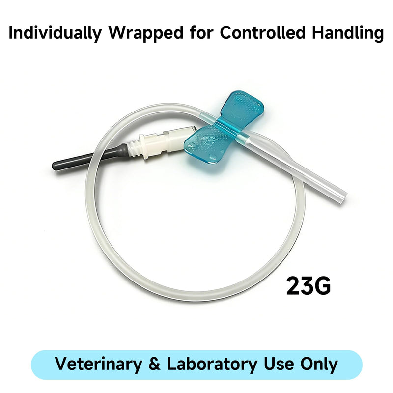 50 Pack 23G Butterfly Blood Collection Needles for Veterinary Use | Individually wrapped 23G butterfly needles designed for veterinary blood sample collection and laboratory handling.