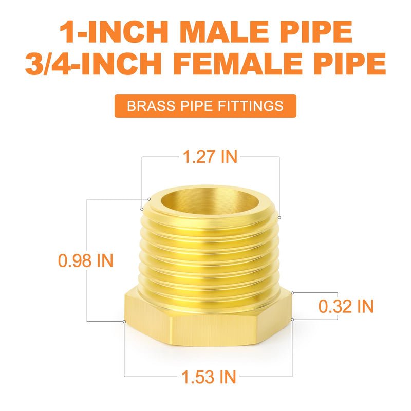 GASHER 10Pcs Brass Reducer Hex Bushing 1" NPT Male x 3/4" NPT Female, Brass Threaded Pipe Fitting 1" MNPT x 3/4" FNPT 10