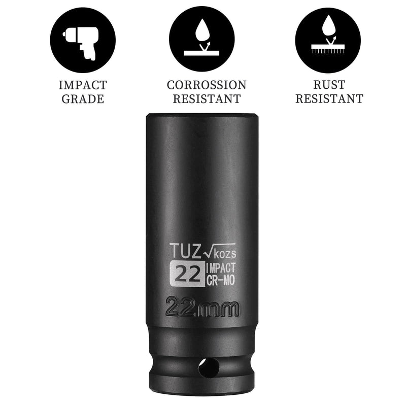 1/2-Inch Drive 22mm Deep Impact Socket with 6-Point Design, Heat-Treated Chrome Molybdenum Alloy Steel, Metric，Hex Deep Socket 1/2” Drive 22mm Deep 1/2” Drive Deep Socket