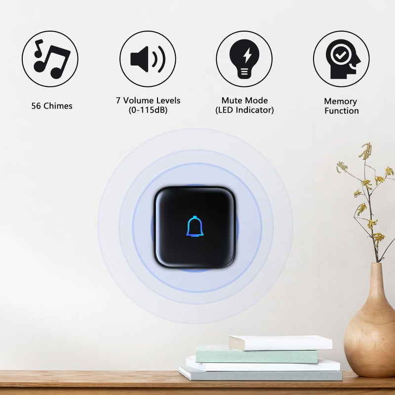 Doorbell Wireless Doorbell IP66 Waterproof 1000 Feet with 56 Chimes 115dB 7 volume levels Mute Mode & LED Flash Doorbell Ringer Wireless for Kids Room Teachers Classroom Home Office & Hearing-Impaired Mini Black