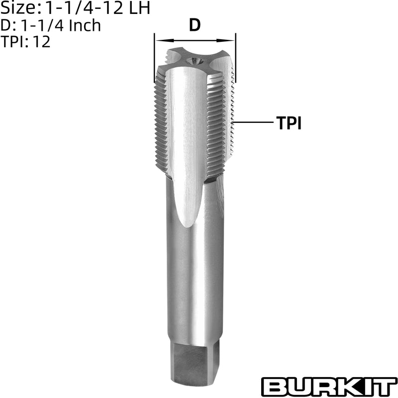 Burkit 1-1/4"-12 UNF Thread Tap Left Hand, HSS 1-1/4 x 12 UNF Straight Fluted Machine Tap
