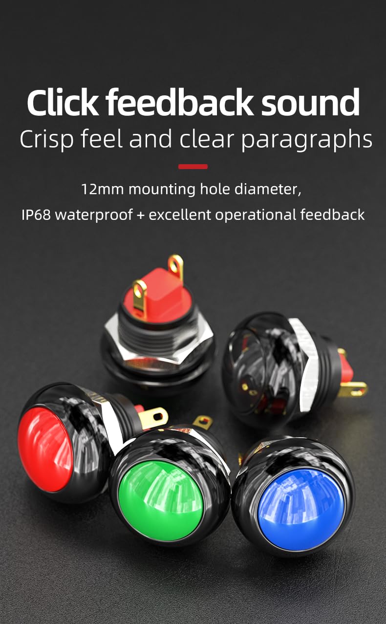 5pcs 12mm Momentary Push Button Switch Mini Round Switch IP68 Waterproof Gold-Plated Insert One Normally Open 3A 250V AC SPST NO 2 Pin PBS-33B (Red) Red