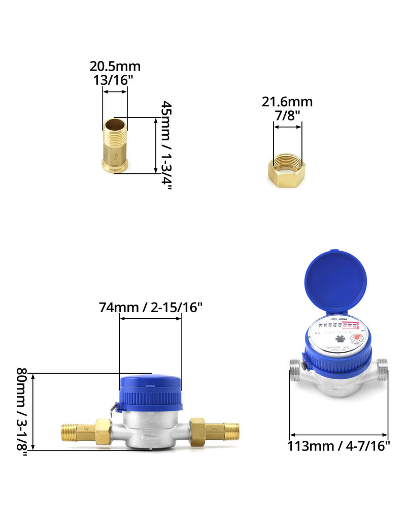 QWORK Water Meter, 1/2" NPT 304 Stainless Steel Cold Water Flow Meter with Pulse Output, for Garden and Home Use, Includes 2 pcs 1/2"NPT Thread Adapter 1 Pack - NewNest Australia