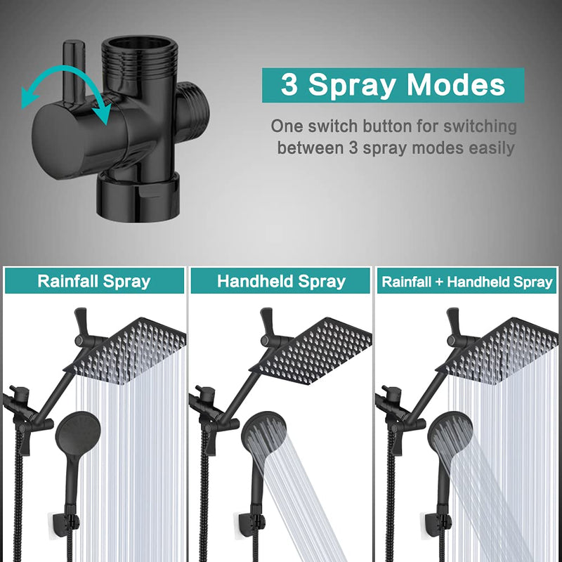 Shower Head, 8‘’ High Pressure Rainfall/Handheld Shower Combo with 11'' Extension Arm, 9 Settings, Anti-leak Shower Head with Holder, Height/Angle Adjustable, Chrome, Matte Black 8 inch - Matte Black