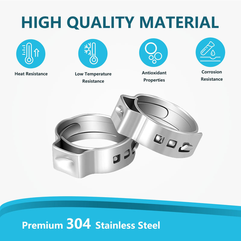 100PCs 1/2 Inch PEX Cinch Clamp Rings, 304 Stainless Steel Pex Crimp Rings for PEX Tubing, Single Ear Hose Clamps, Pipe Fitting Connections 100