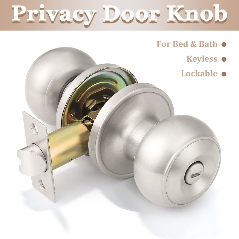 Probrico 6 Pack Round Privacy Door Knob(Thumb Turn Lock on The Inside), Keyless Doorknobs Interior/Exterior Lockset,Privacy Knobs for Bedroom/Bathroom,Satin Nickel Modern Design Door Hardware Satin Nickel