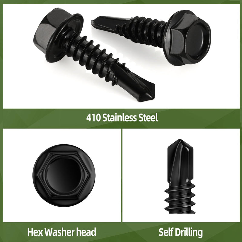 100 PCS #12 x 1 Sheet Metal Screws, Black Hex Washer Head Self Drilling Screw, Flanged Hex Self Tapping Screws, 410 Stainless Steel, Hex Bit Socket Included #12 x 1"