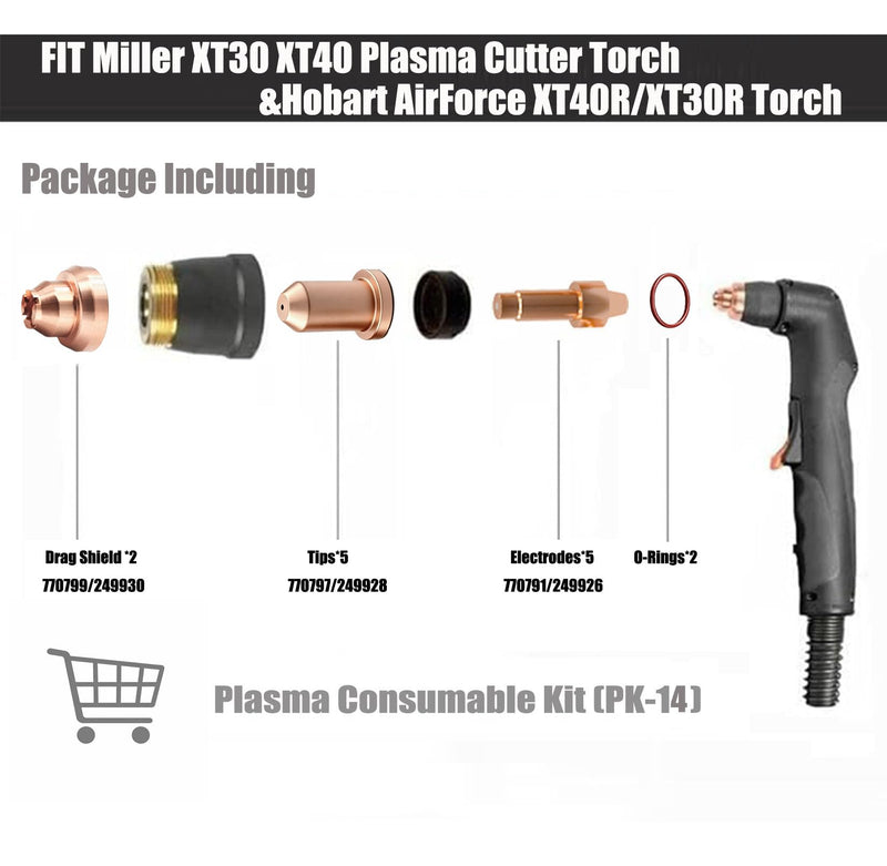 40A Tips+Drag Shields+ Electrodes Kit for Miller XT-40 torch & Hobart Airforce 40i XT40R/XT30R Plasma Cutter Torch (770797/249928 &770799/249930&770791/249926）PK14 | Quality OEMed Plasma Cutter Consumables