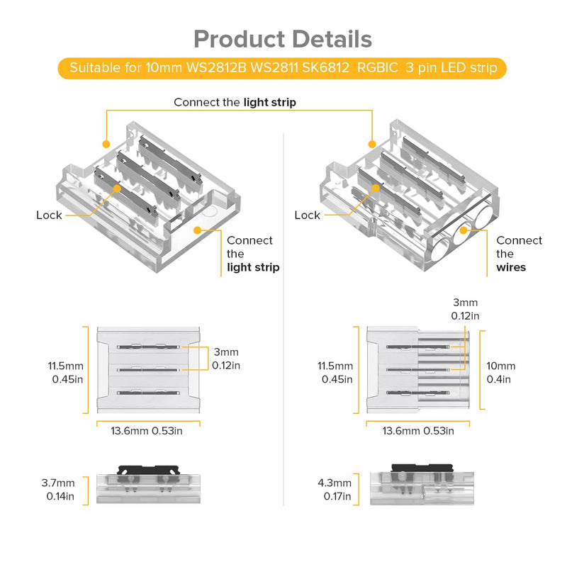 BTF-LIGHTING 3 Pin 10mm 0.39in Width Transparent Connector Kit,4xGapless Solderless 8PCS Corner Connectors,4PCS 5.9in Long 22AWG Extension Wires,Support WS2812B WS2811 SK6812 SMD LED Strips Multi Function Connector