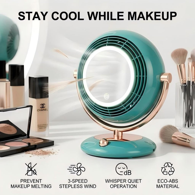 Retro-Style Makeup Mirror Desktop Portable Fan, Desktop Dressing Mirror with Built-in Fan, Equipped with LED Lighting, Warm and Cool Tone Lights, Touch Control Function (White) White